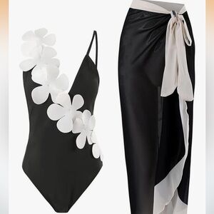 Elegant Black and White Floral One-Piece Swimsuit
